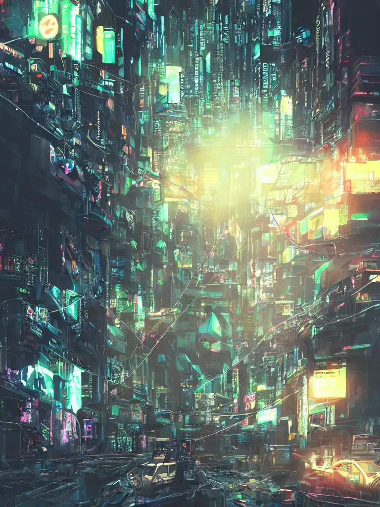 Image similar to futuristic cyberpunk street, cable stone ground. lots hanging cables, tiny wires on the ground. narrow, garbage on the ground. rain. fog, haze, evening. led screens. neon signs. ghost in the shell. very sharp. cables on the ground. very messy. futuristic. photorealistic. artstation. anime. studio gimbli style. golden rate.