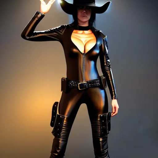 Prompt: a full body painting of a woman sheriff wearing a leather body - suit! and a cowboy hat!, angelic face with stunning eyes!, cyberpunk art by yumihiko amano, cgsociety, figurative art, toonami, zbrush, official art