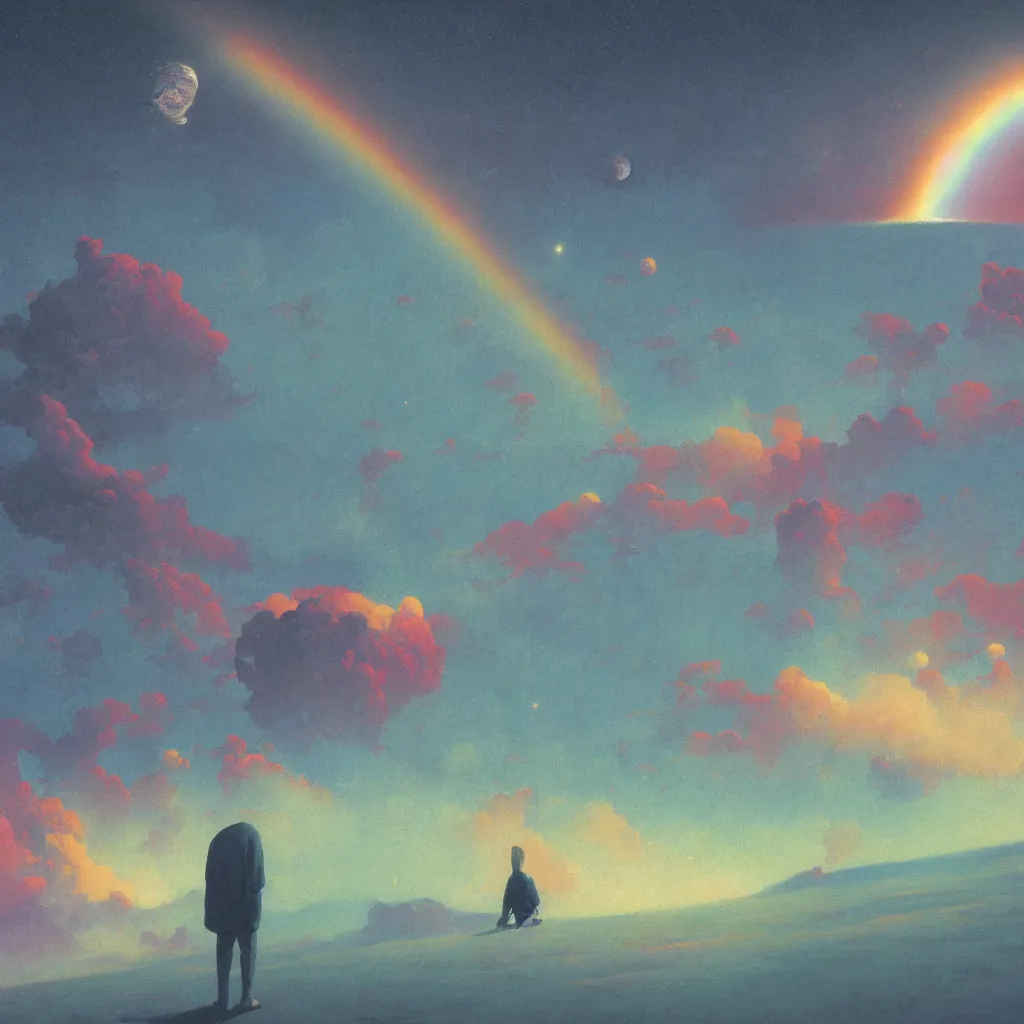 Image similar to a scifi apocalipse in space of a spiritual being dreaming psychedelic hallucinations in cosmos, rainbow colored clouds, by kawase hasui, moebius, Edward Hopper and James Gilleard, Zdzislaw Beksinski, Steven Outram, unreal engine, highly rendered, hd, 8k, artstation