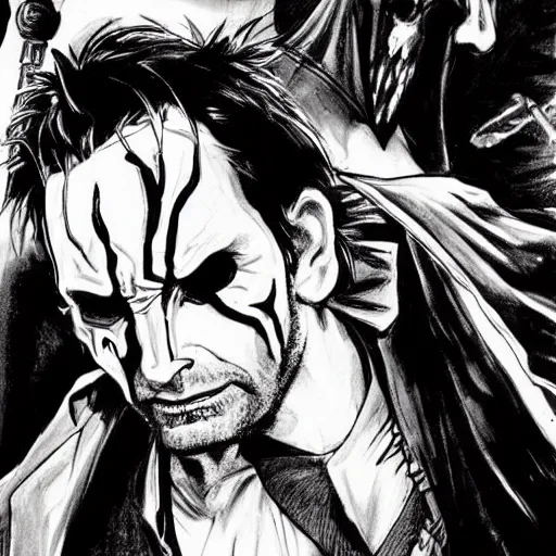 Prompt: David Tennant in Spawn, concept art, illustration in pen an ink, black and white, by  Greg Capullo