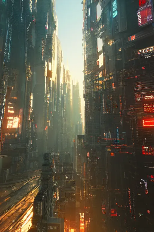 Prompt: cyberpunk cityscape like tokyo nework with tall buildings at dusk golden hour cinematic lighting, epic composition. A golden daylight, hyper-realistic environment. Hyper and intricate detail, photo-realistic. Cinematic and volumetric light. Epic concept art. Octane render and Unreal Engine, trending on artstation