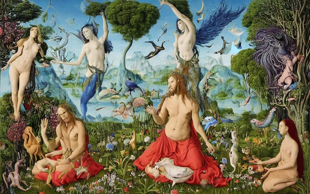 Image similar to a photograph of a meditating centaur shaman and a blue harpy mermaid feeding animals. surrounded by bulbous flowers, animals and a few trees. river delta with mountains and cliffs under a blue sky full of burning stars and birds. painted by jan van eyck, max ernst, ernst haeckel, ernst fuchs and artgerm. trending on artstation