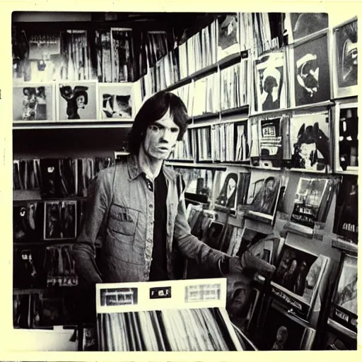 Image similar to mick jagger working in a record store in 1 9 6 9, polaroid photo, artistic, realistic, snapshot, gritty, portrait