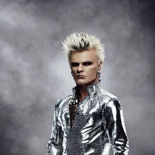 Image similar to portrait billy idol dressed in fantasy fashion, alexander mcqueen, shiny metal, standing in a desert