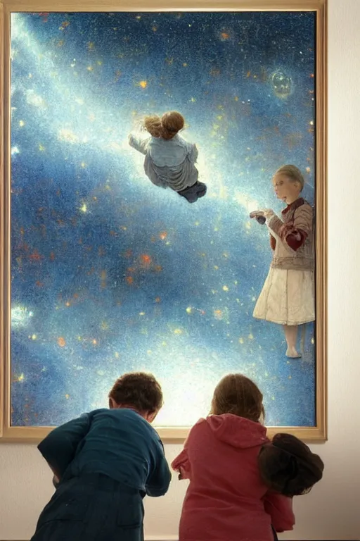 Image similar to a 1 2 year old boy and 1 0 year old girl looking at a wall and viewing the universe full of galaxies, part by norman rockwell, part by greg rutkowski, part by mattias adolfsson, high angle, ( ( ( ( volumetric lighting ) ) ) ), oil on canvas