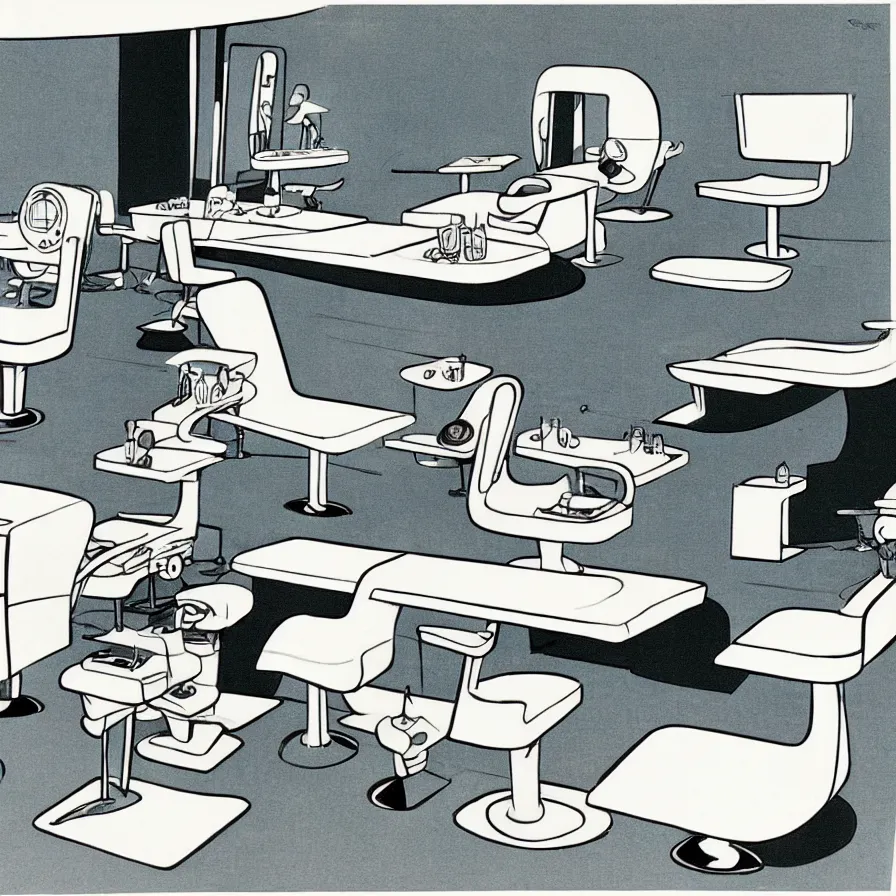 Image similar to concept art of jetsons cartoon scenario of a futuristic hair salon, painted by dieter rams