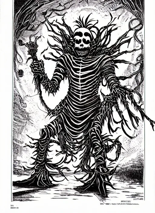 Image similar to the ghost beetlejuice, as a d & d monster, full body, pen - and - ink illustration, etching, by russ nicholson, david a trampier, larry elmore, 1 9 8 1, hq scan, intricate details, inside stylized border