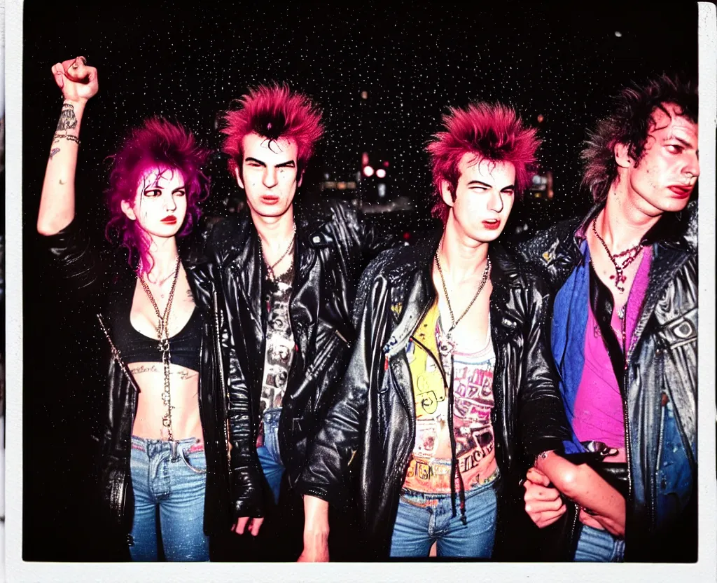 Image similar to closeup of Sid Vicious and Nancy on the lower east side by Alex Cox, polaroid, raining!!!, nightime, colorful, 1970s, photorealistic, atmospheric,