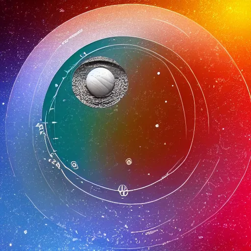 Image similar to orbital map of a planet with many moons, digital art, space, bohr model, simple