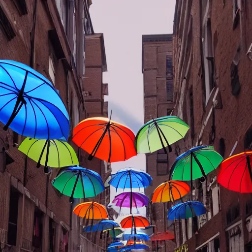 Image similar to a rainbow of umbrellas hovering over an old stone city street, digital art, trending on artstation