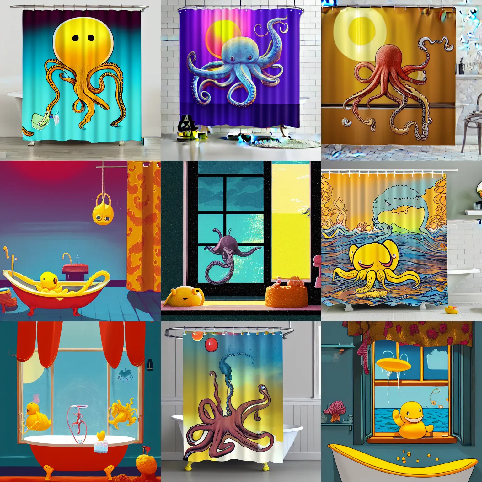 Prompt: octopus taking a bath, soap, sponge, yellow rubber duck, water, shower curtain, window, sunset, dramatic lighting, cottagecore, illustration by James Jean, Ilya Kuvshinov, Loish Van Baarle, sharp, trending on Artstation, full of colors