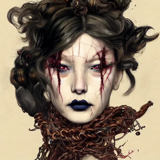 Image similar to portrait of a Shibari rope wrapped face and neck, headshot, insanely nice professional hair style, dramatic hair color, digital painting, of a old 15th century, old cyborg merchant, amber jewels, baroque, ornate clothing, scifi, realistic, hyperdetailed, chiaroscuro, concept art, art by Franz Hals and Jon Foster and Ayami Kojima and Amano and Karol Bak,