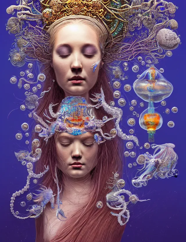 Image similar to goddess macro shouler portrait from bottom to top in crown made of ram skull. betta fish, jellyfish phoenix, bioluminiscent, plasma, ice, water, wind, creature, super intricate ornaments artwork by tooth wu and wlop and alex prager and greg rutkowski