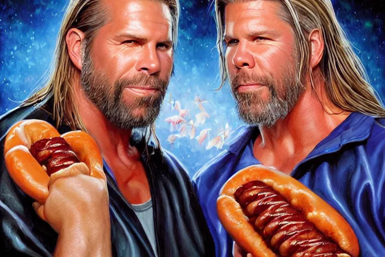 Prompt: portrait of wwf shawn michaels and wcw kevin nash sharing hotdogs, an oil painting by ross tran and thomas kincade