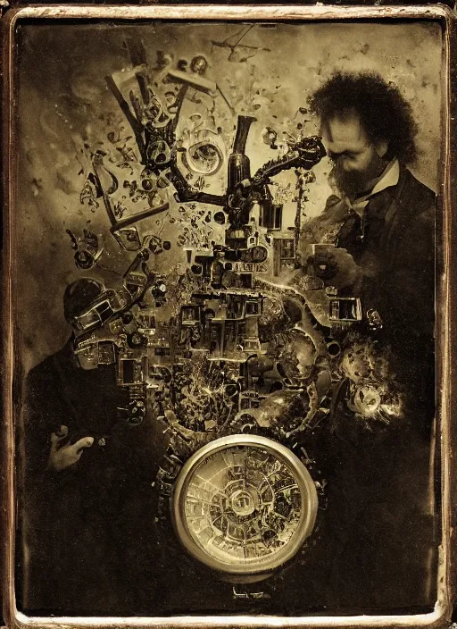 Image similar to old wetplate daguerreotype portrait of creation of time, explosion of data fragments, fractal, intricate, elegant, highly detailed, parallax, leica, medium format, subsurface scattering, by jheronimus bosch and greg rutkowski and louis jacques mande daguerre