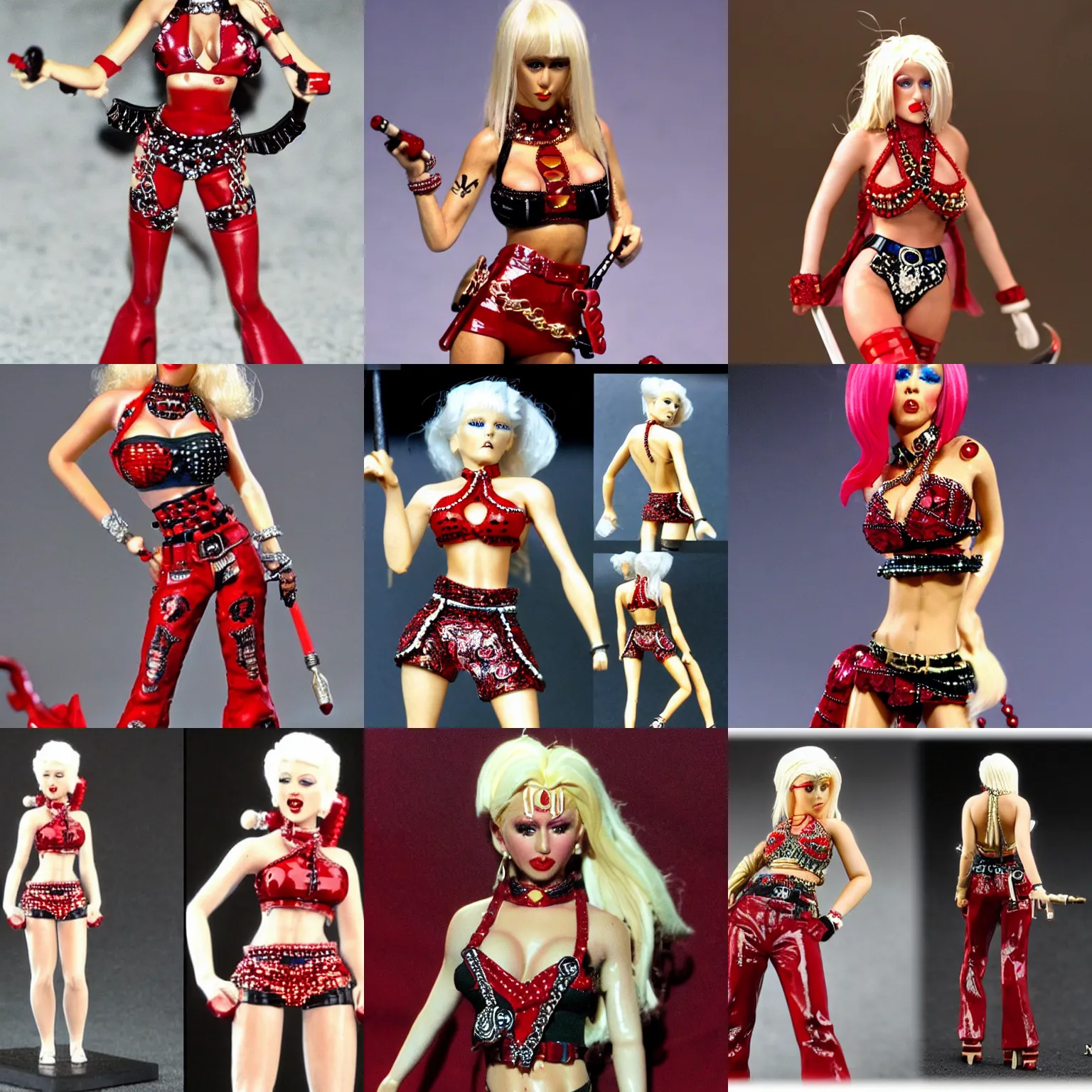 Prompt: 2 8 mm heroic scale games workshop miniature. fashion editorial photo. platinum blonde with cherry red peekaboo accent extensions, bandana paisley print halter top - red, patent leather cherry red flare bellbottom trousers, dance beaded swarovski neckline. mtv vma live 2 0 0 0. christina aguilera.