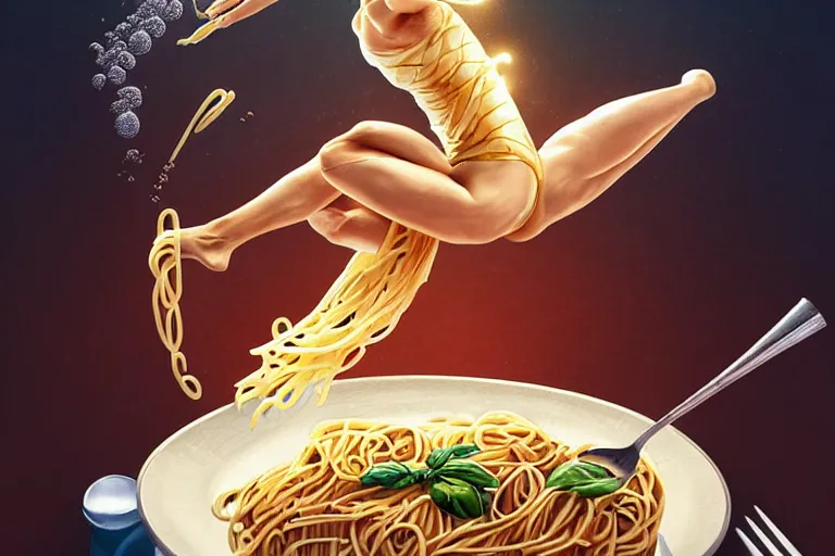 Prompt: olympic diver diving into a dish of pasta, fantasy, elegant, highly detailed, sharp focus, art by artgerm and beeple and greg rutkowski and wlop