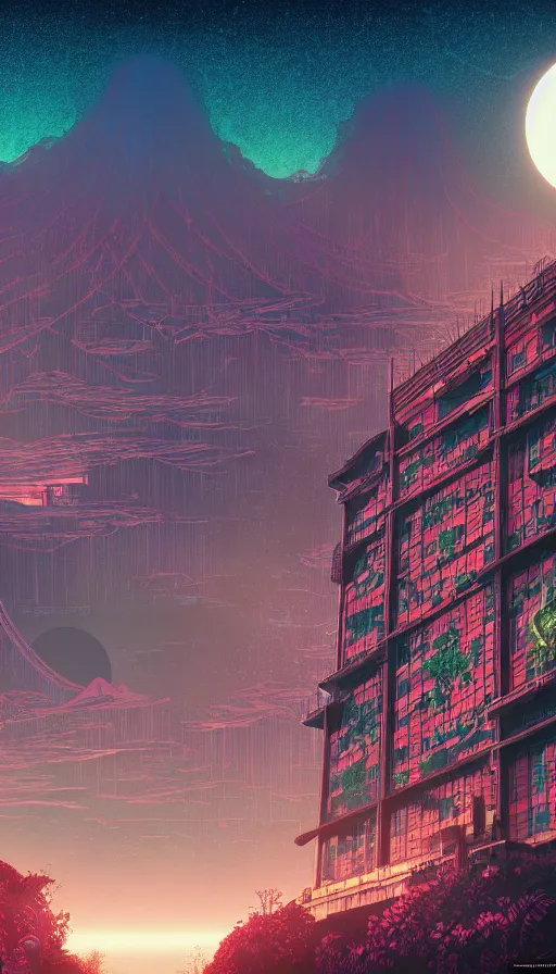 Image similar to reclaimed by nature by moon hoon, darkacademia atlantis cosmic san andreas at dawn neon signs tokyo synthwave universe, archdaily, wallpaper, highly detailed, trending on artstation.