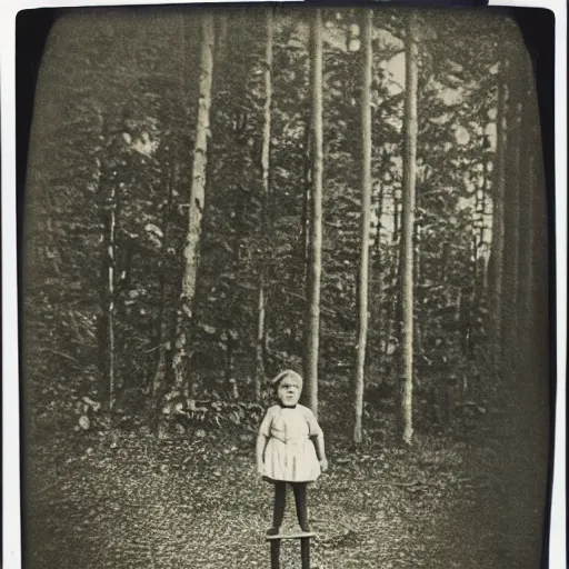 Image similar to Polaroid photo of Victorian child with a wide grin floating ten feet above the ground in a thick forest