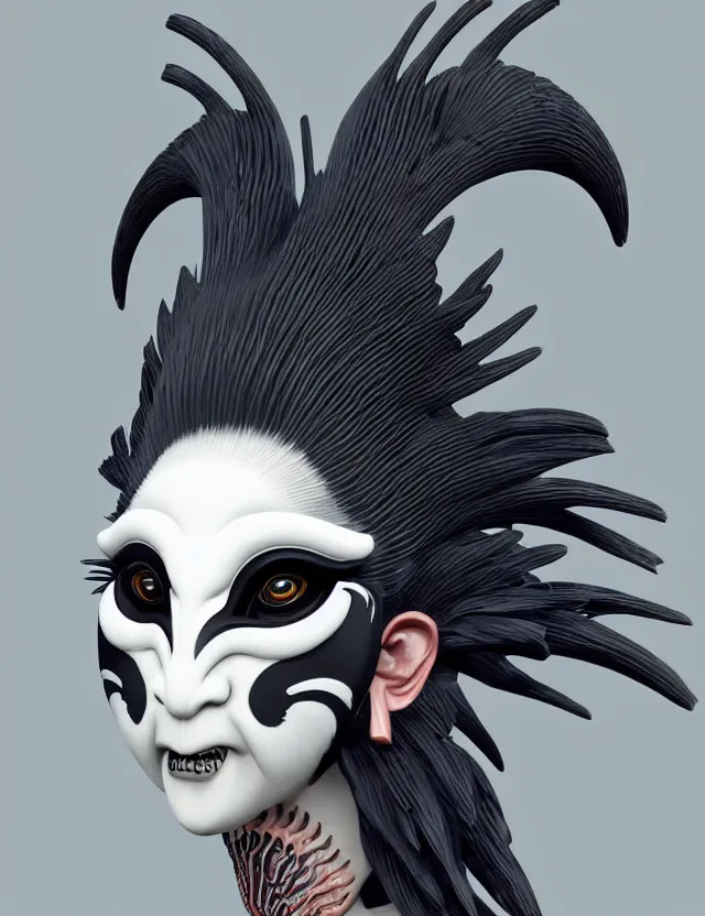 Image similar to 3 d goddess close - up profile simple portrait punk with mohawk with ram skull. beautiful intricately detailed japanese crow kitsune mask and clasical japanese kimono. betta fish, jellyfish phoenix, bio luminescent, plasma, ice, water, wind, creature, artwork by tooth wu and wlop and beeple and greg rutkowski