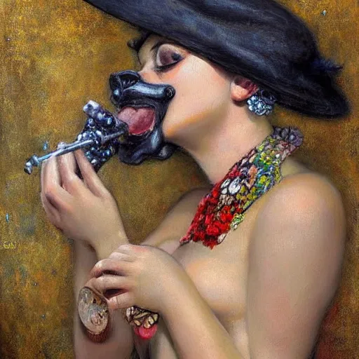 Prompt: pug dog robot smoking a hooka, intricate detail, painting, jazz age, klimt, royo, frazetta, whealan,