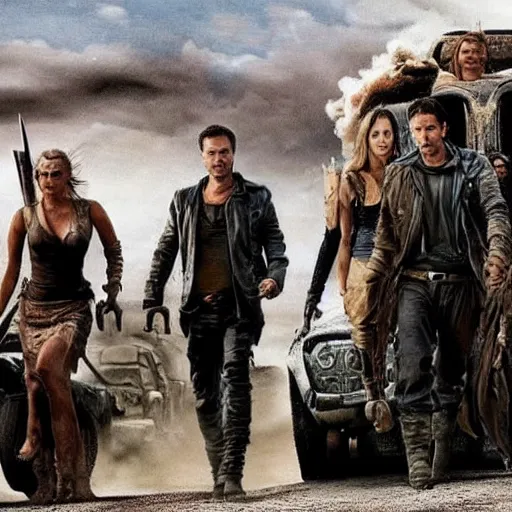 Image similar to The cast of Friends in Mad Max Fury Road (2015) dynamic action battle