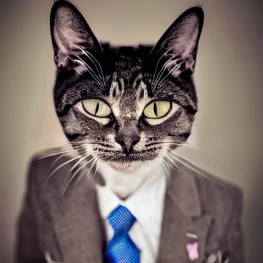 Image similar to photo of a cat with a snarky smile, he has a unicorn on his forehead and he is wearing a suit