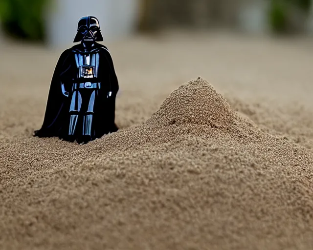 Image similar to 8 5 mm food photography of darth vader made of sand near a garden with dof and bokeh and flowers o