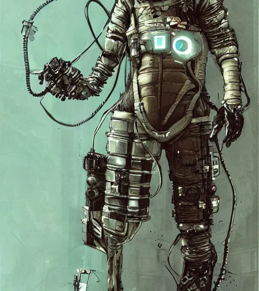 Image similar to realistic cyberpunk engineer with long limbs and a black spacesuit on a spacewalk, techwear, dead space, visible face, Industrial Scifi, detailed illustration, character portrait, by Ashley Wood and Moebius