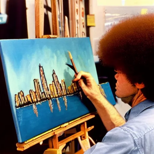 Image similar to Bob Ross painting a city