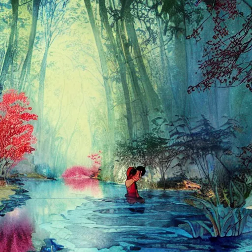 Prompt: a beautiful and inspiring intricate watercolor illustration inside a river, red robin trees forming a tunnel, 4 k, ultra - wide angle, by william turner, by victo ngai, by alphonse mucha, by miho hirano, hd, trending on artstation, hyper detailed, muted colors, inspiring, beautiful, paradisiac