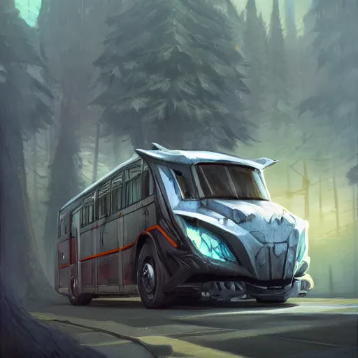 Prompt: Transformer hybrid of bus and wolf, having cabin if form of wolf head and long body of bus with wheels and windows, mechanical form of life, oil on canvas, fantasy, digital painting, concept art, smooth, sharp focus, illustration, artstation trending, octane render, unreal engine, Ghibli, anime style