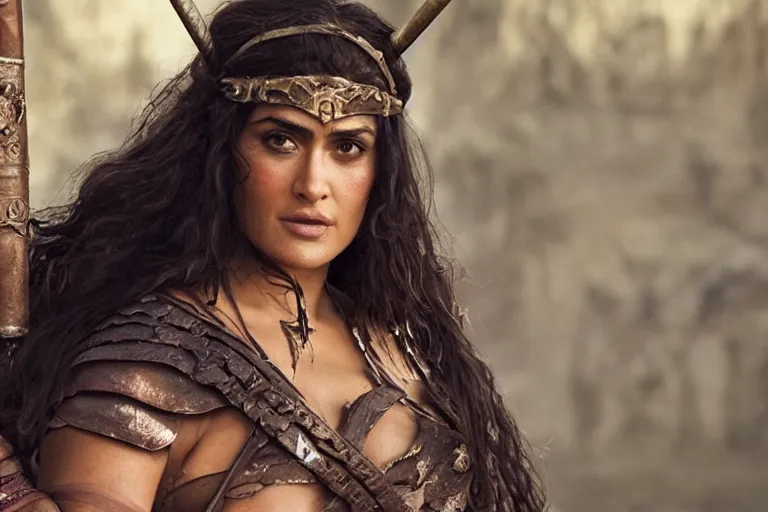 Prompt: photo of salma hayek as beautiful barbarian warrior princess in a battle scene, detailed eyes, shallow depth of field, photorealistic, cinematic lighting, lovely bokeh, warm colours, dusk