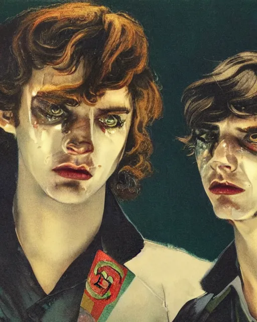 Prompt: two handsome but sinister young men wearing gucci in layers of fear, with haunted eyes and wild hair, 1 9 7 0 s, seventies, wallpaper, a little blood, moonlight showing injuries, delicate embellishments, painterly, offset printing technique, by brom, robert henri, walter popp, alan lee