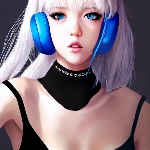 Image similar to realistic teasing detailed semirealism beautiful gorgeous cute Blackpink Lalisa Manoban white hair white cat ears blue eyes, wearing black camisole outfit, headphones, black leather choker full HD 4K high resolution quality WLOP, Aztodio, Taejune Kim, Guweiz, Pixiv, Instagram, Artstation