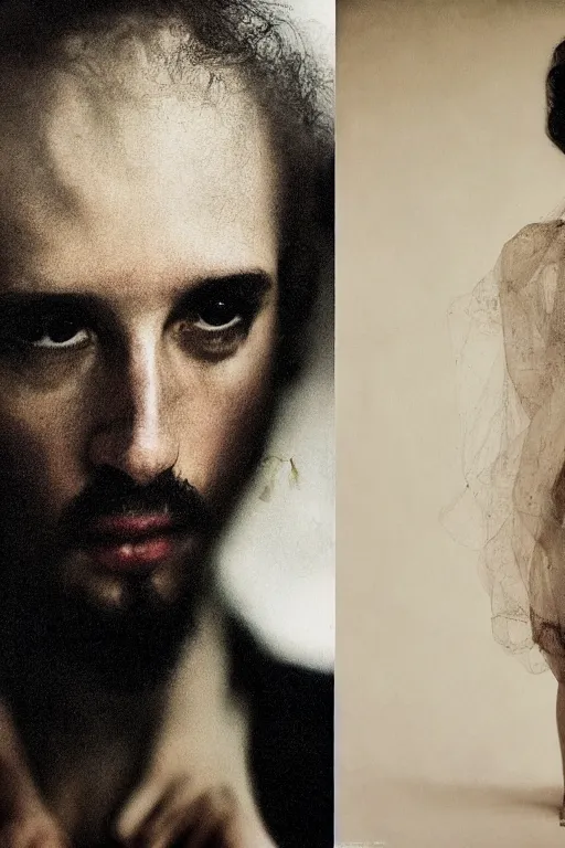 Image similar to hyperrealism close - up fashion portrait by roversi photo from the holy mountain by alejandro jodorowsky in style of francisco goya