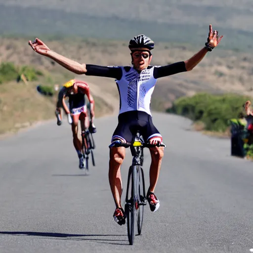 Prompt: bicycle race rider throwing his hands in the air as he wins the race while falling of his bike