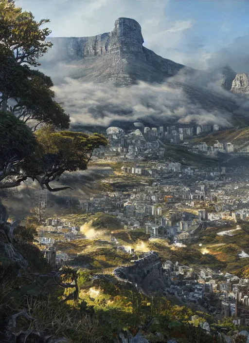 Image similar to chtulu attacking cape town city, table mountain, dense foliage beautiful details, strong composition by kim jung giu weta studio rutkowski, james gurney and greg rutkowski, and lucasfilm