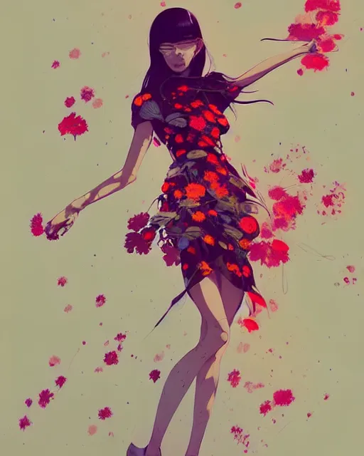 Image similar to a ultradetailed beautiful panting of a stylish woman in a flower dress, by conrad roset, greg rutkowski and makoto shinkai, trending on artstation