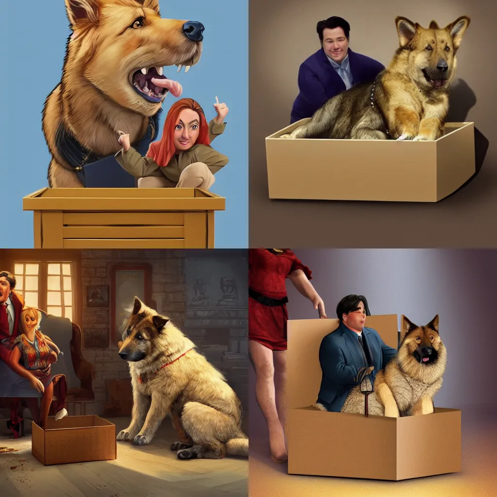 Prompt: a giant alsatian in a box with Michael McIntyre and a small blonde woman, Grek Rutkowski, artstation