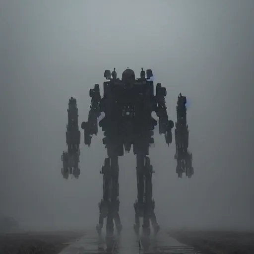 Prompt: gigantic mecha walking, dense fog, jakob rozalski