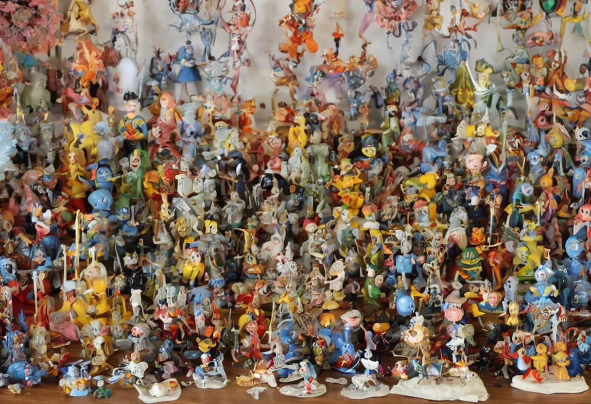 Image similar to vintage collection of 1 9 6 0 s cartoon occult sculpture toys on display