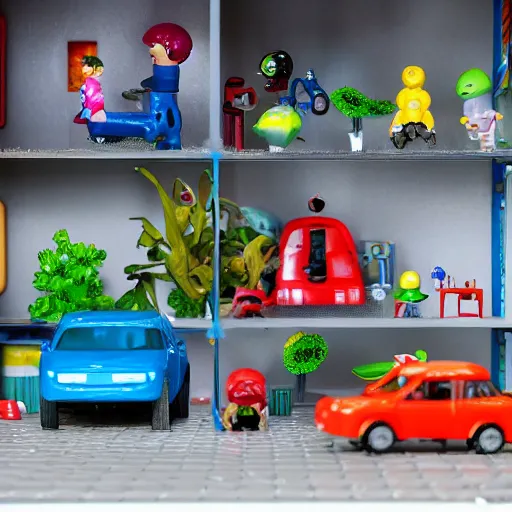 Prompt: fisher price garage with carnivorous plants on the shelves and packing peanuts on the floor, scene from tv show hyper detailed 5 5 mm 8 5 mm, toy photography, made out of plastic