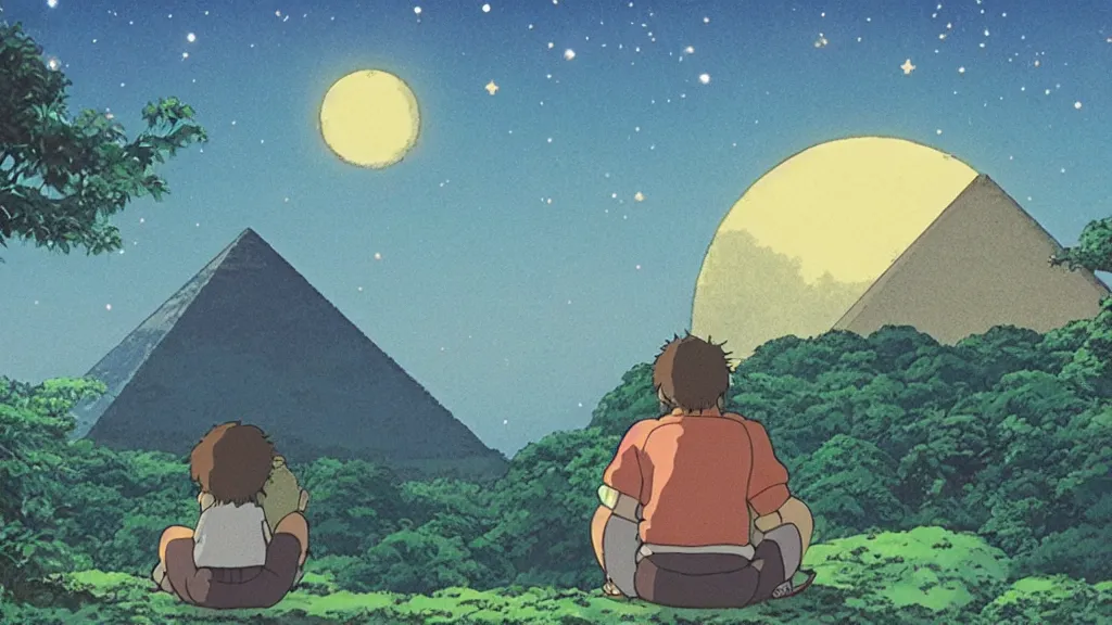 Image similar to a movie still from a studio ghibli film showing a huge dwarf meditating. a pyramid is under construction in the background, in the rainforest on a misty and starry night. a ufo is in the sky. by studio ghibli