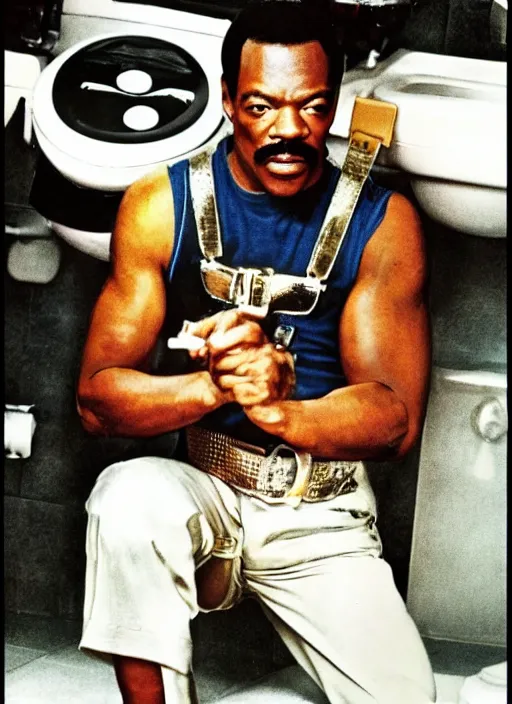 Image similar to an 8 0's john alvin action movie poster starring eddie murphy face as a plumber to rich people. bathroom. overalls. tool belt. the movie is called beverly hills crap