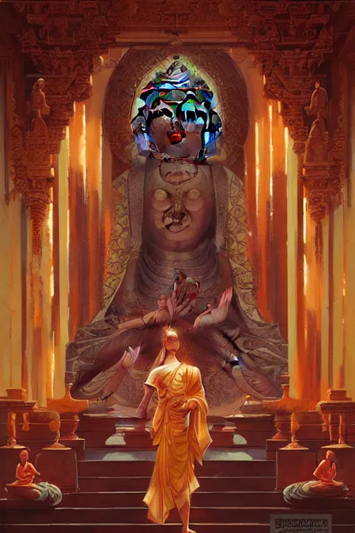 Image similar to temple, buddhism, painting by greg rutkowski, j. c. leyendecker, artgerm