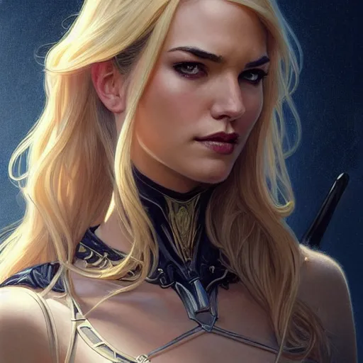 Image similar to Odette Annable with blonde hair as Bat Girl, western, D&D, fantasy, intricate, elegant, highly detailed, digital painting, artstation, concept art, matte, sharp focus, illustration, art by Artgerm and Greg Rutkowski and Alphonse Mucha