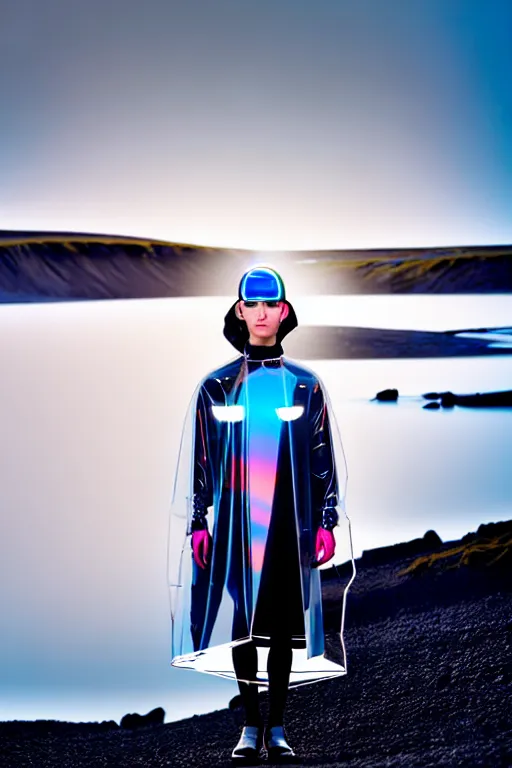 Image similar to an ultra high definition professional high fashion portrait studio full length photograph of a model wearing a transparent pearlescent raincoat and neon visor in an icelandic black rock environment at dawn. no artefacts. extremely detailed. stark. refraction. shallow depth of field. volumetric light and shadow. ray tracing. light rays.