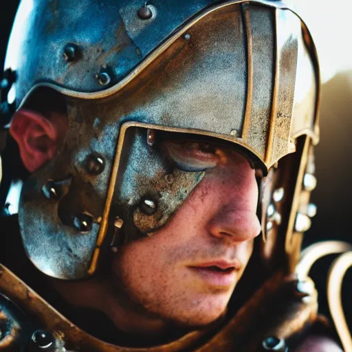 Image similar to steam punk gladiator wearing armor in the arena, shallow depth of field, moody lighting, 8 k,