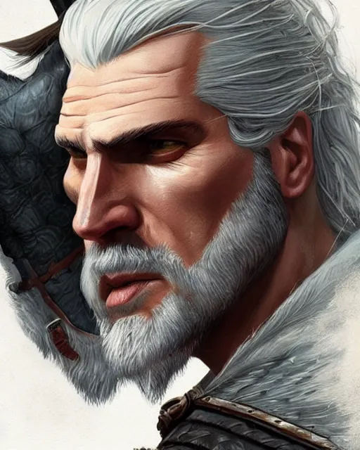 Image similar to portrait of geralt of rivia preparing to eat a hamburger, fantasy, intricate, elegant, highly detailed, digital painting, artstation, concept art, smooth, sharp focus, illustration, by artgerm and greg rutkowski